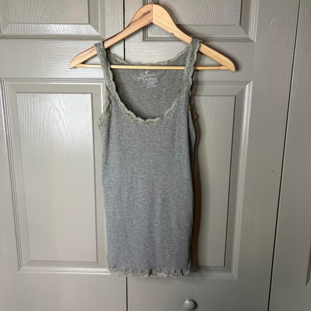 American Eagle Grey Lace Trim Cami Tank Top Y2K Ribbed Knit Women Small
